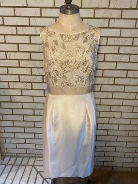 Tahari Ivory and Gold Sleeveless Midi Sheath Dress